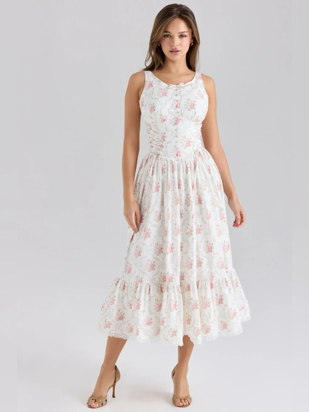 House of CB | Dresses | House Of Cb Sienna Rose Print Stretch Cotton Lace Up  Midi Dress Nwot | Poshmark